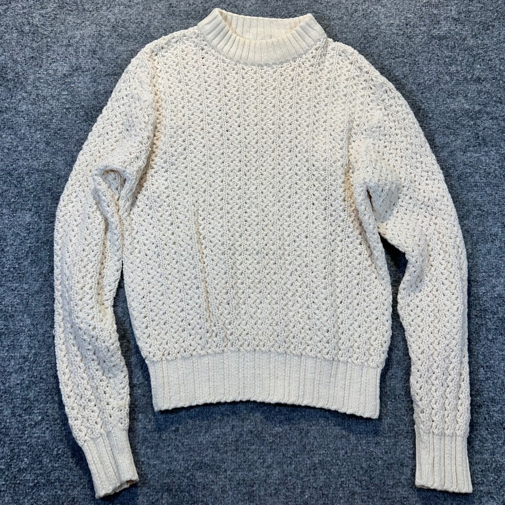 VTG Lands End Sweater Womens Cream Crochet Open Knit Coastal Grandma Cottagecore
